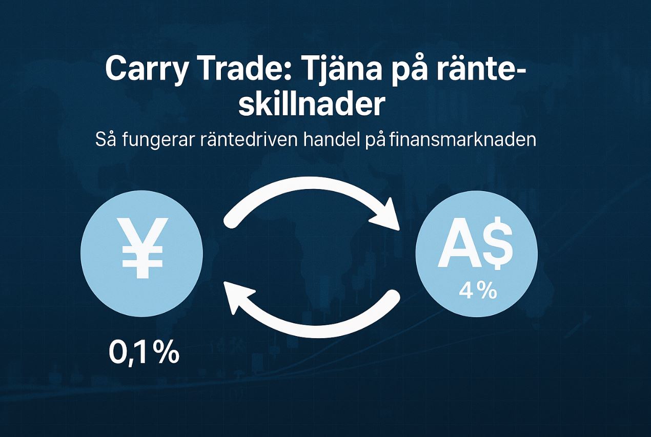 Grafisk illustration av carry trade med japanska yen (0,1 % ränta) och australiska dollar (4 % ränta), med pilar som visar pengaflödet mellan valutor.